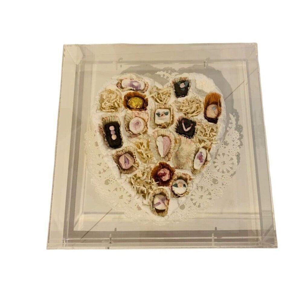 Barbara Kirschner Paper Sculpture Heart Candy Acrylic Shadowbox 1980s 12" Square